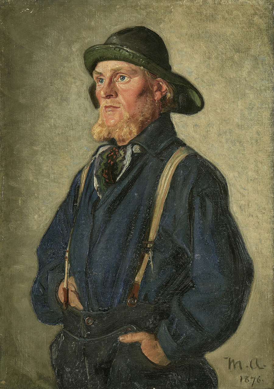 Ein junger Fischer steht da, er trägt einen grünen Regenmantel. – Michael Peter Ancher