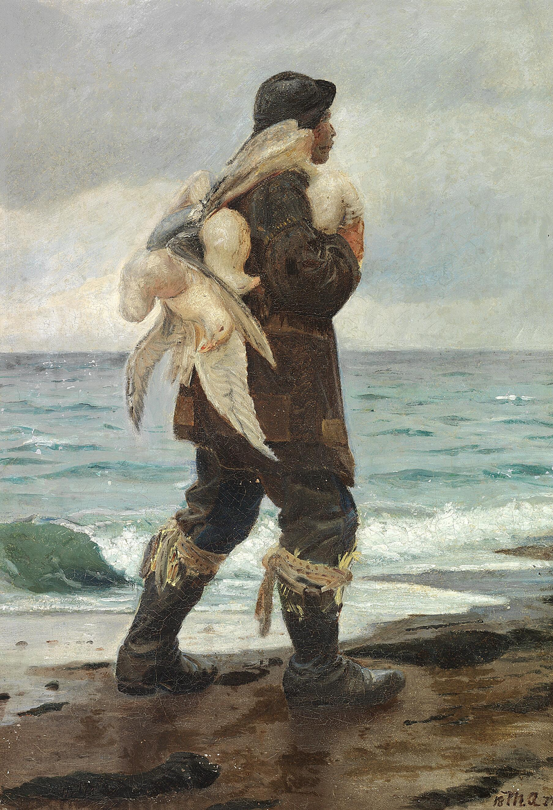 Ein junger Fischer kehrt mit den Möwen, die er gefangen hat, nach Hause zurück. – Michael Peter Ancher