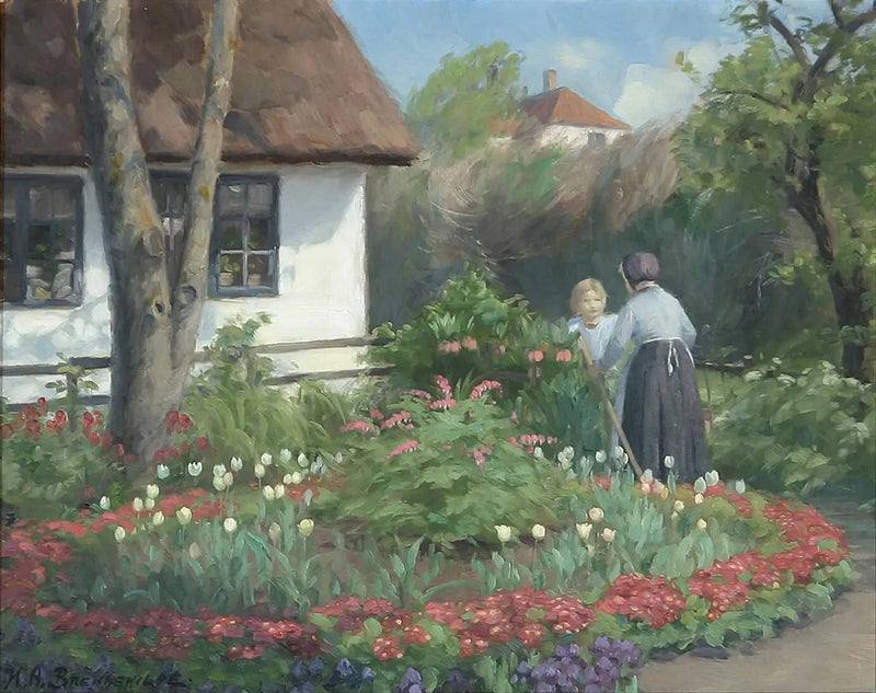 Ein Sommertag im Garten. Zwei Frauen unterhalten sich vor dem Tor. - H. A. Brendekilde