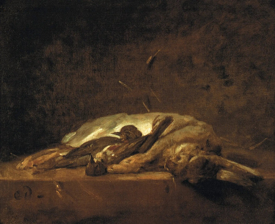 Ein Kaninchen, zwei tote Amseln und einige Strohhalme auf einem Steintisch - Jean Siméon Chardin