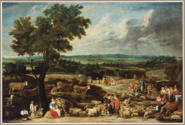 Ein Viehmarkt in einer weiten Landschaft mit Antwerpen im Hintergrund - David Teniers der Jüngere