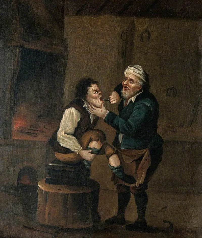 Ein Hufschmied zieht einem Mann einen Zahn aus dem Mund - David Teniers der Jüngere