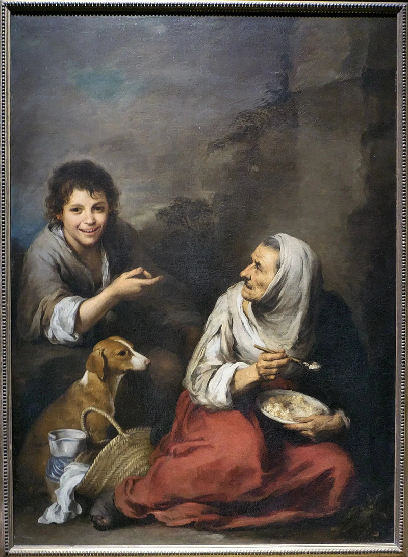Ein Seeigel, der sich über eine alte Frau lustig macht, die Migas isst - Bartolomé Esteban Murillo