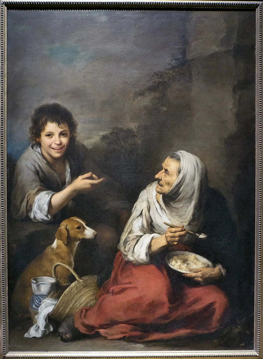 Ein Seeigel, der sich über eine alte Frau lustig macht, die Migas isst - Bartolomé Esteban Murillo