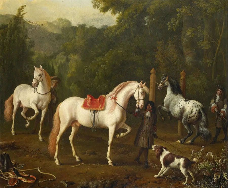 Ein Stallbursche assistiert einem Reitlehrer im Reitstall - Melchior de Hondecoeter