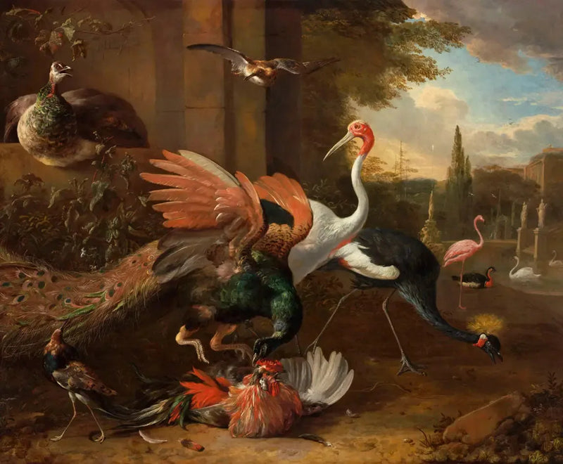 Ein Pfau, der einen Hahn angreift - Melchior de Hondecoeter
