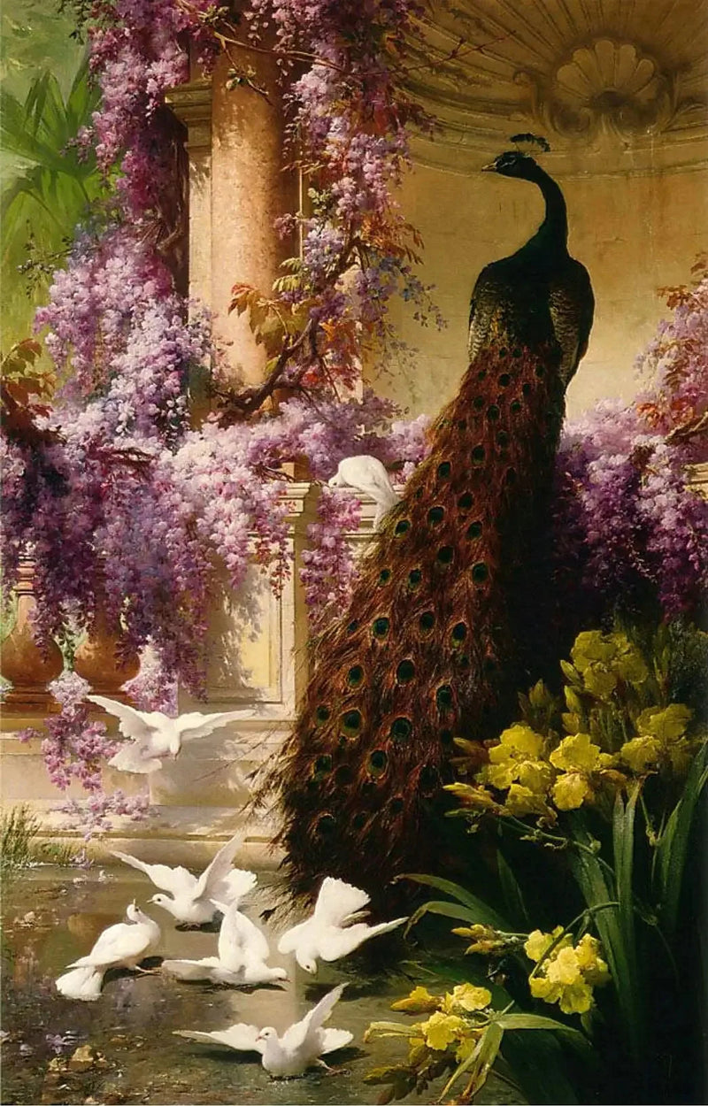 Ein Pfau und Tauben in einem Garten - Eugène Bidau