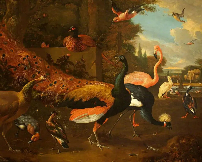 Ein Pfau und eine Pfauenhenne mit einer Kranich, einem Flamingo, einem Pelikan und anderen Vögeln in einem Park - Melchior de Hondecoeter