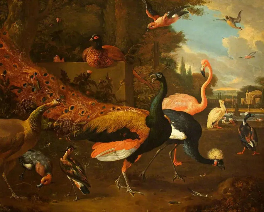 Ein Pfau und eine Pfauenhenne mit einer Kranich, einem Flamingo, einem Pelikan und anderen Vögeln in einem Park - Melchior de Hondecoeter