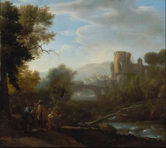 Ein Landschaft mit Tivoli und dem Tempel der Vesta, Jägern und einem Künstler im Vordergrund - Claude Lorrain