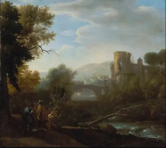 Ein Landschaft mit Tivoli und dem Tempel der Vesta, Jägern und einem Künstler im Vordergrund - Claude Lorrain