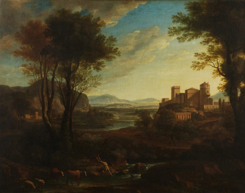 Ein klassisches Landschaftsbild mit Figuren, die einen Bach überqueren - Claude Lorrain
