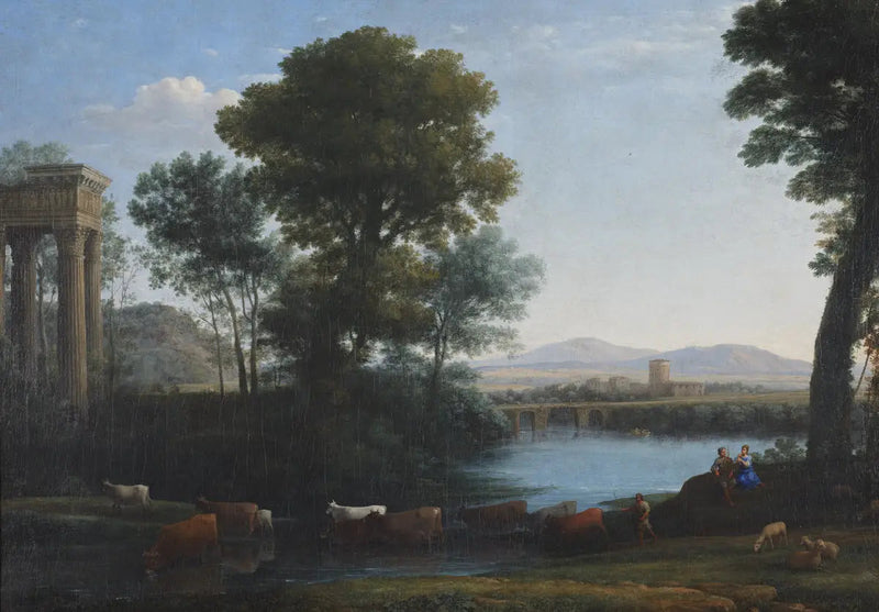Ein klassisches Landschaftsbild mit Vieh, das einen Bach überquert - Claude Lorrain