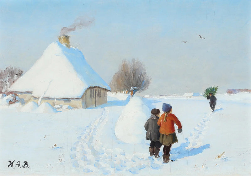 Ein verschneites Landschaft mit zwei Kindern im Schnee. - H. A. Brendekilde