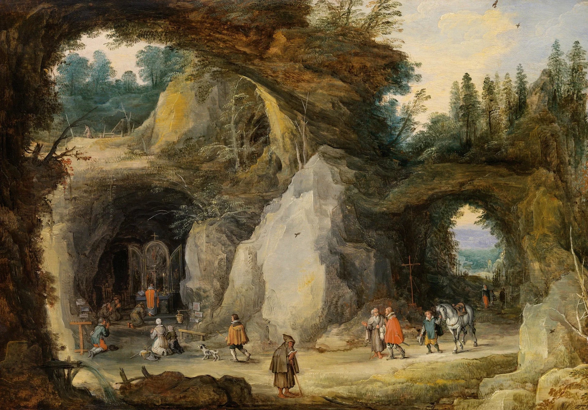 Un paysage montagneux avec des pèlerins dans une chapelle située dans une grotte - Jan Brueghel l'Ancien image 1 tableau peint à l’huile sur toile