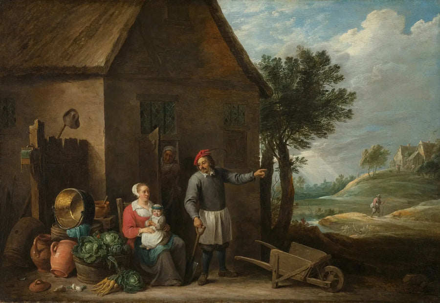 Ein Bauer mit seiner Frau und seinem Kind vor dem Bauernhof - David Teniers der Jüngere