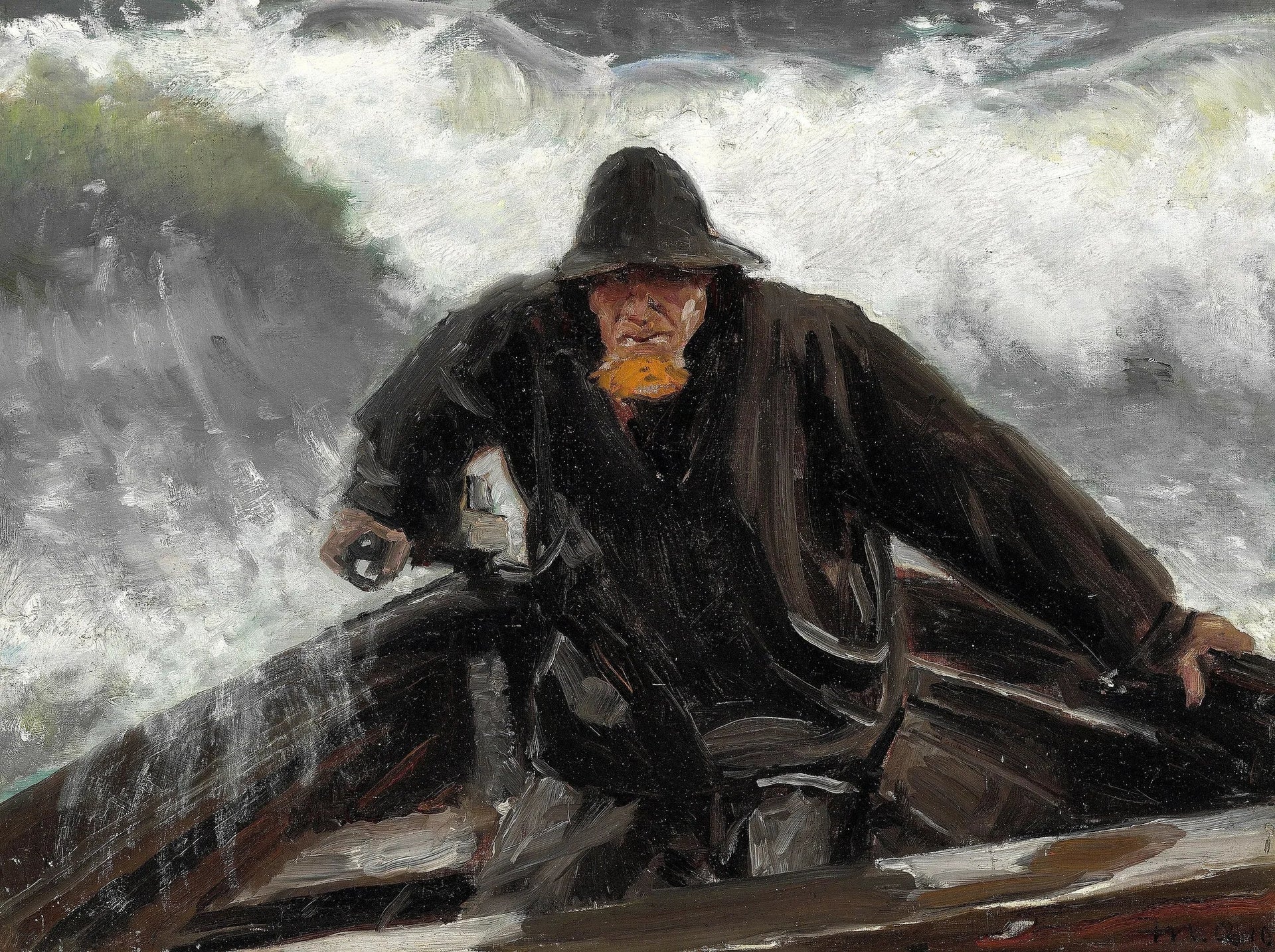 Un pêcheur à la barre d'un bateau en pleine mer agitée. - Michael Peter Ancher image 1 reproduction artisanale de tableau