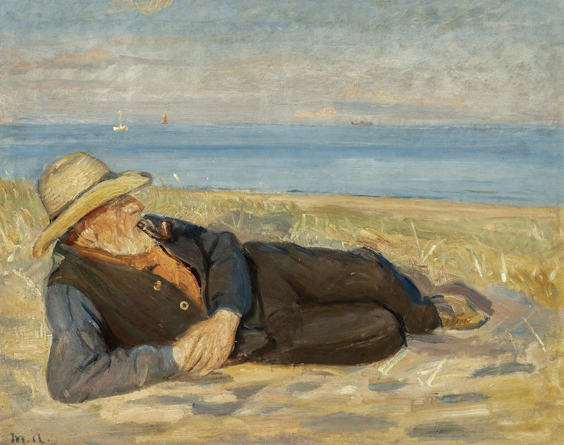 Ein Fischer aus Skagen liegt bei Sonnenuntergang am Strand. – Michael Peter Ancher