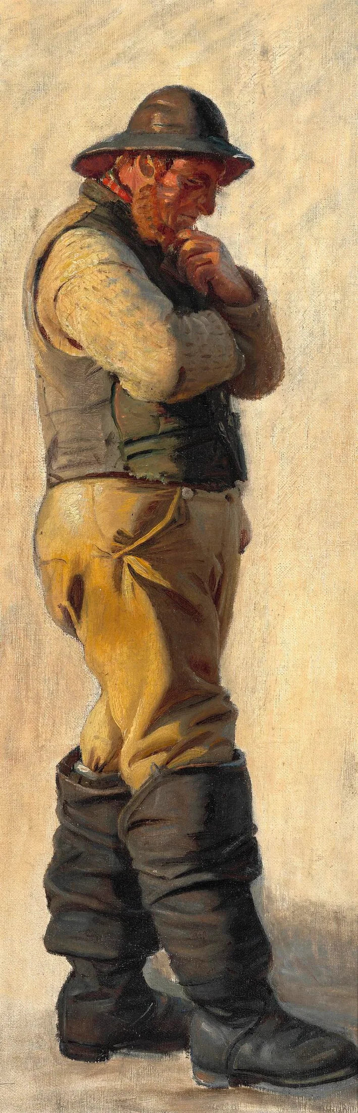 Ein Fischer aus Skagen, in Ölzeug und hohen Stiefeln, streicht sich den Bart. – Michael Peter Ancher