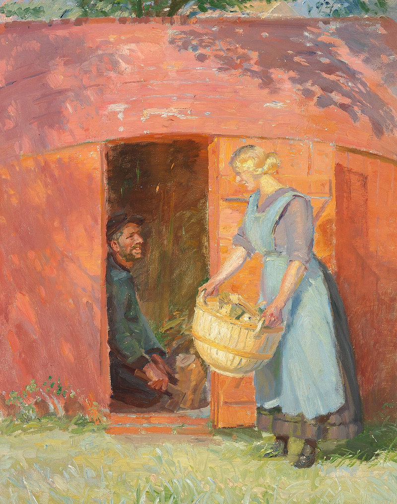 Ein Fischer aus Skagen umwirbt in einer Hütte, die aus einem alten Boot gebaut ist, eine junge Frau. – Anna Ancher