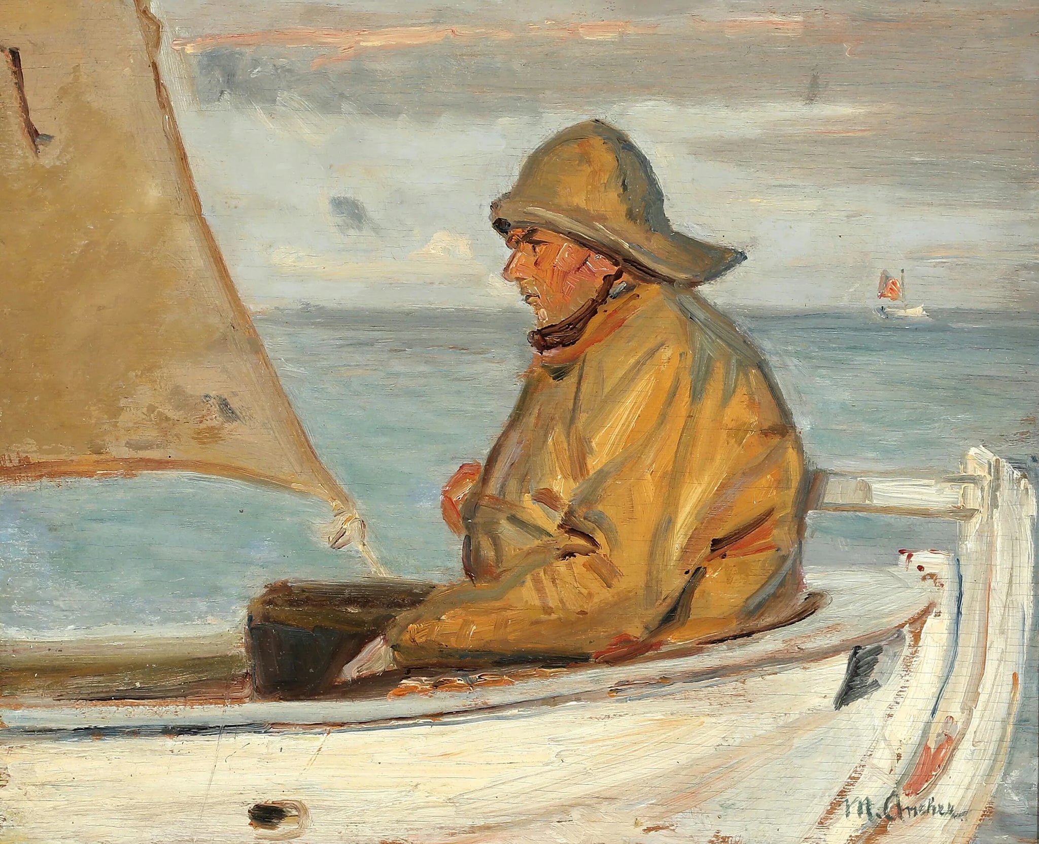Un pêcheur de Skagen naviguant dans les premiers rayons du soleil. - Michael Peter Ancher image 1 copie de tableau peinte à la main