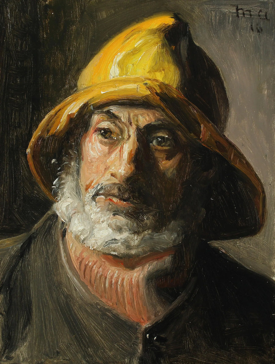 Ein Fischer aus Skagen in einem gelben Regenmantel. – Michael Peter Ancher