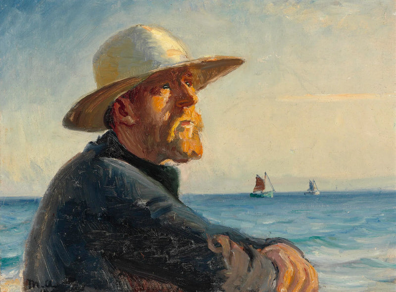 Ein Fischer aus Skagen steht am Strand in der Sonne. – Michael Peter Ancher