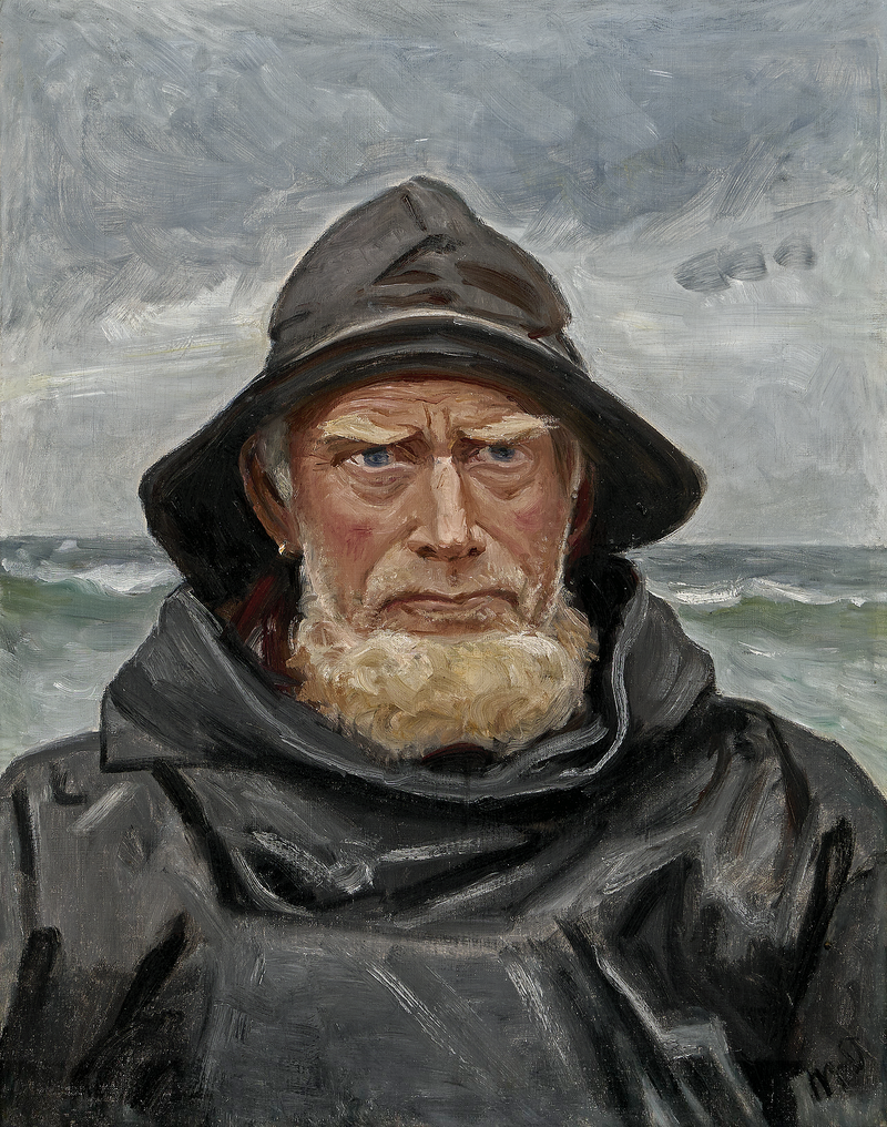 Ein Fischer aus Skagen, in Ölzeug gekleidet, steht an einem bewölkten Tag am Meer. – Michael Peter Ancher