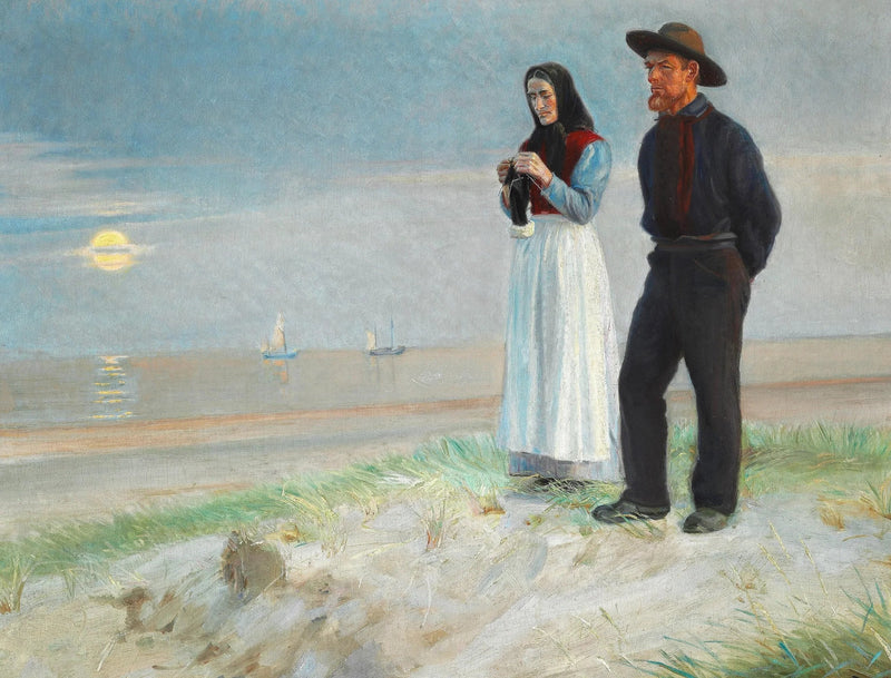 Ein Fischer und seine Frau am Strand bei Sonnenuntergang. – Michael Peter Ancher
