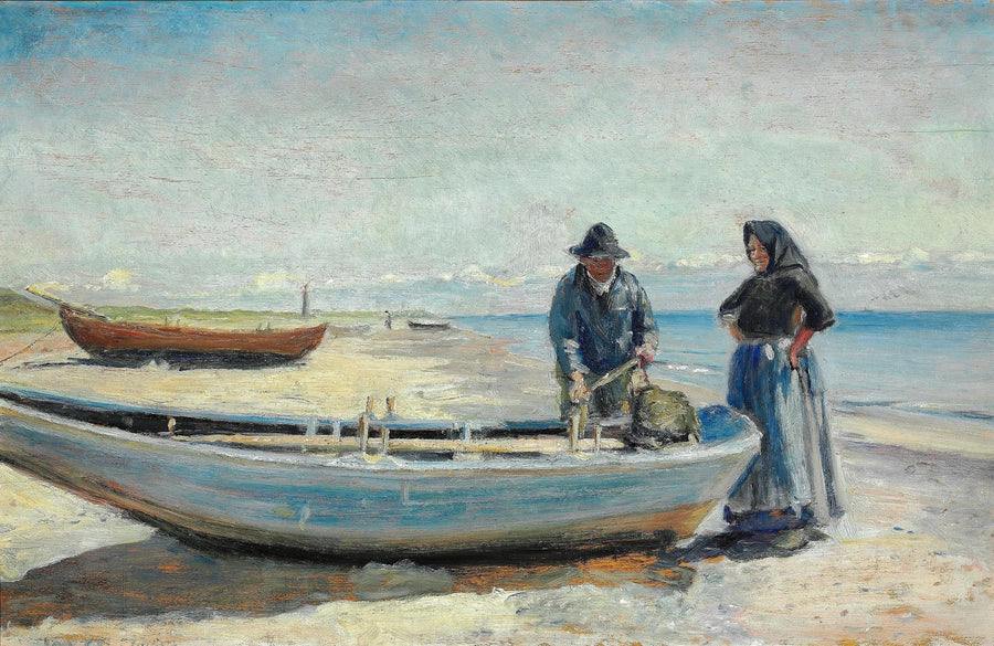 Ein Fischer und seine Frau am Strand von Skagen Sønderstrand, in der Nähe eines Bootes. Am Horizont ragt ein Leuchtturm empor. – Michael Peter Ancher