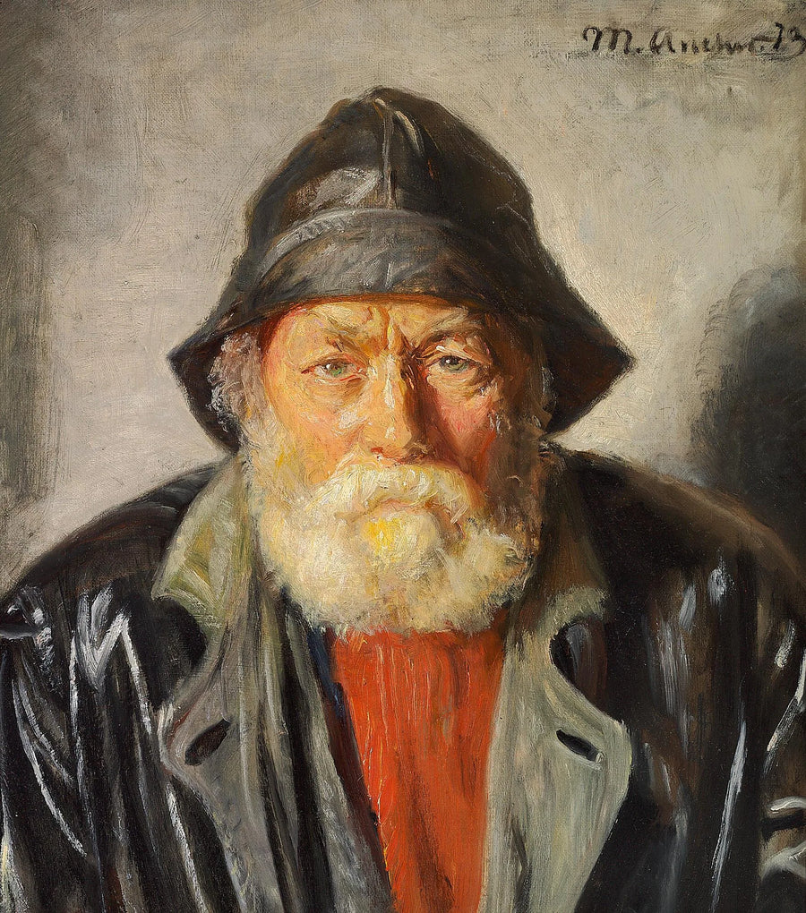 Ein Fischer in schwarzer Öljacke und schwarzem Mantel sowie einem roten Pullover. – Michael Peter Ancher