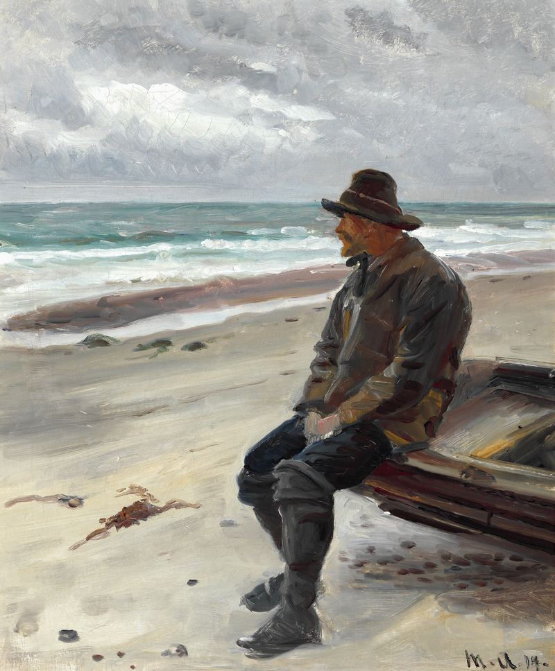 Ein Fischer in der Nähe seines Bootes am Strand. – Michael Peter Ancher
