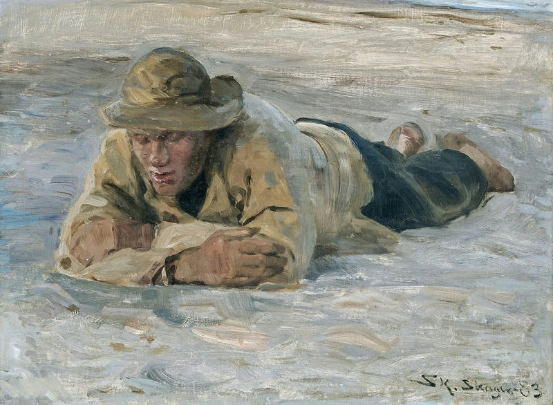 Ein Fischer, der sich im Sand ausruht, die Brust auf den Armen - Peder Severin Krøyer