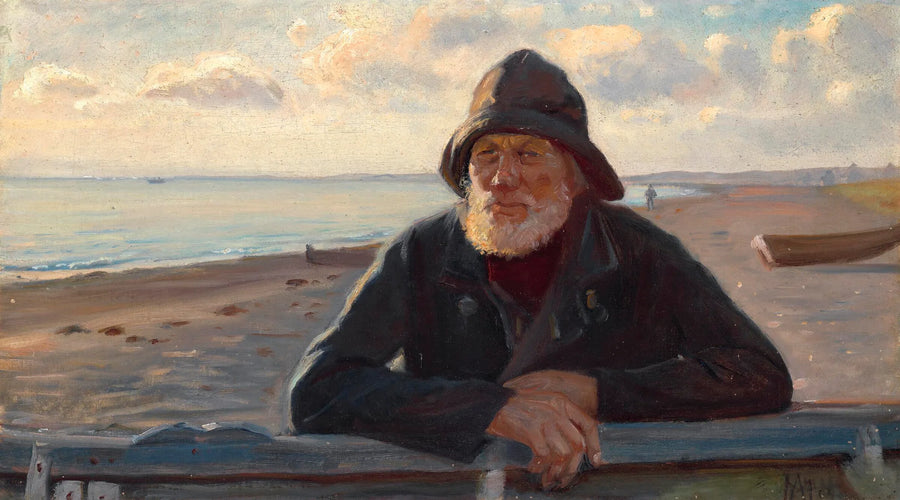 Ein Fischer steht im Abendlicht am Strand von Skagen. – Michael Peter Ancher