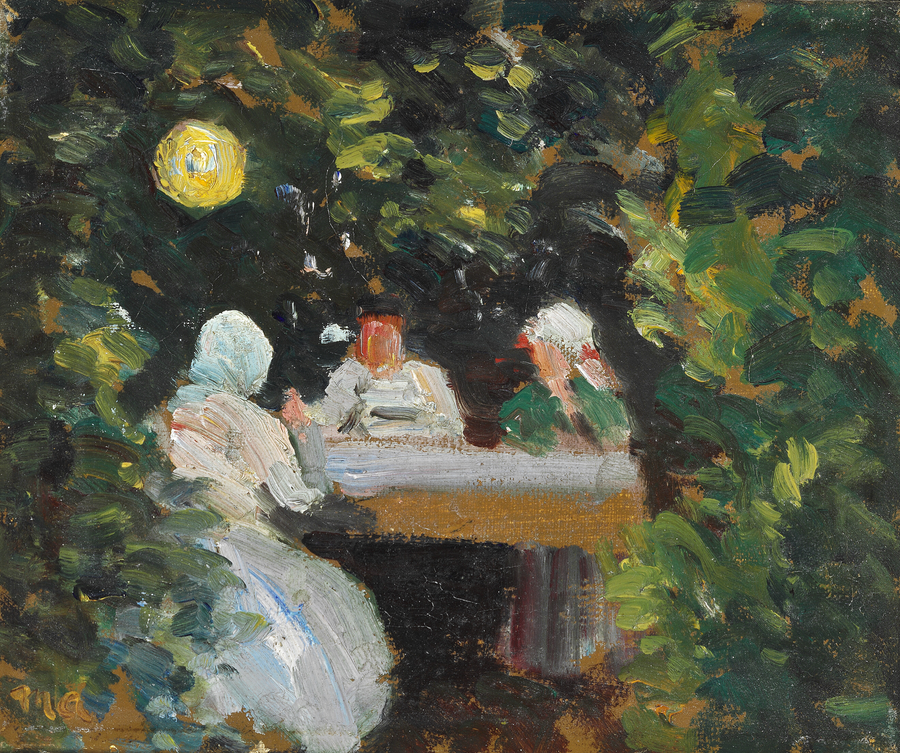 Eine kleine Gruppe versammelte sich im Schein einer chinesischen Laterne um den Tisch – Michael Peter Ancher
