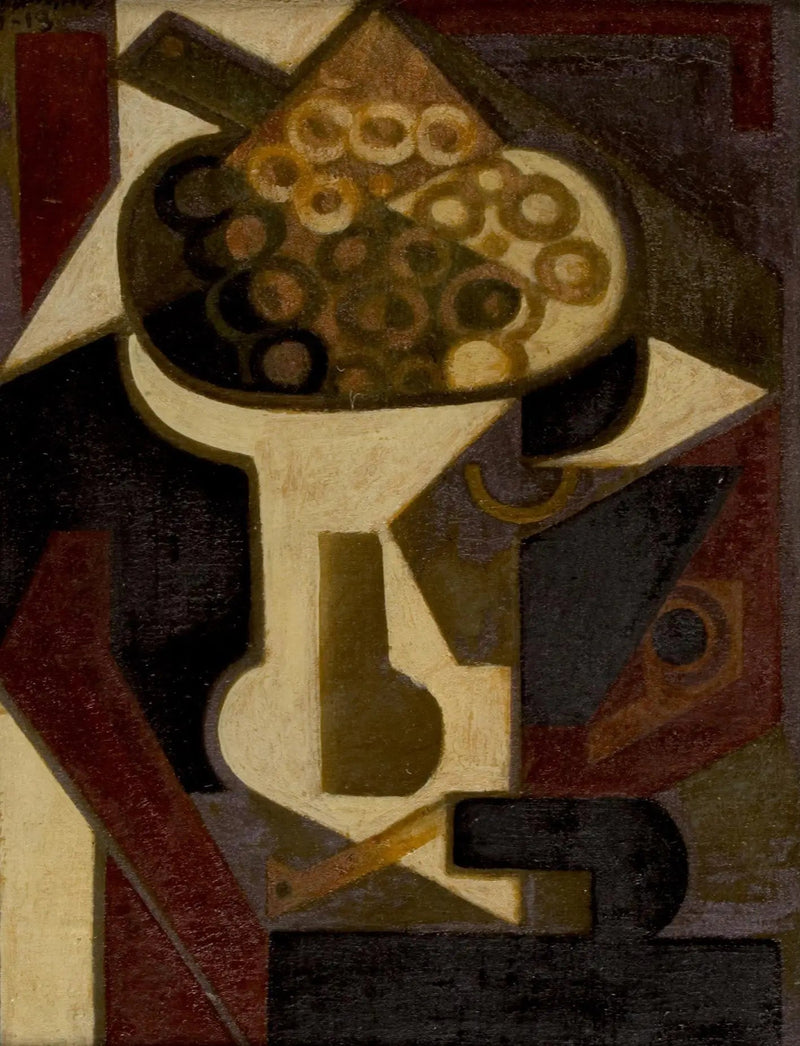 Ein Teller mit Trauben und eine Pfeife auf einem Tisch - Juan Gris