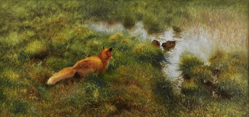 Ein Fuchs pirscht sich an Enten entlang eines Baches heran. – Bruno Liljefors