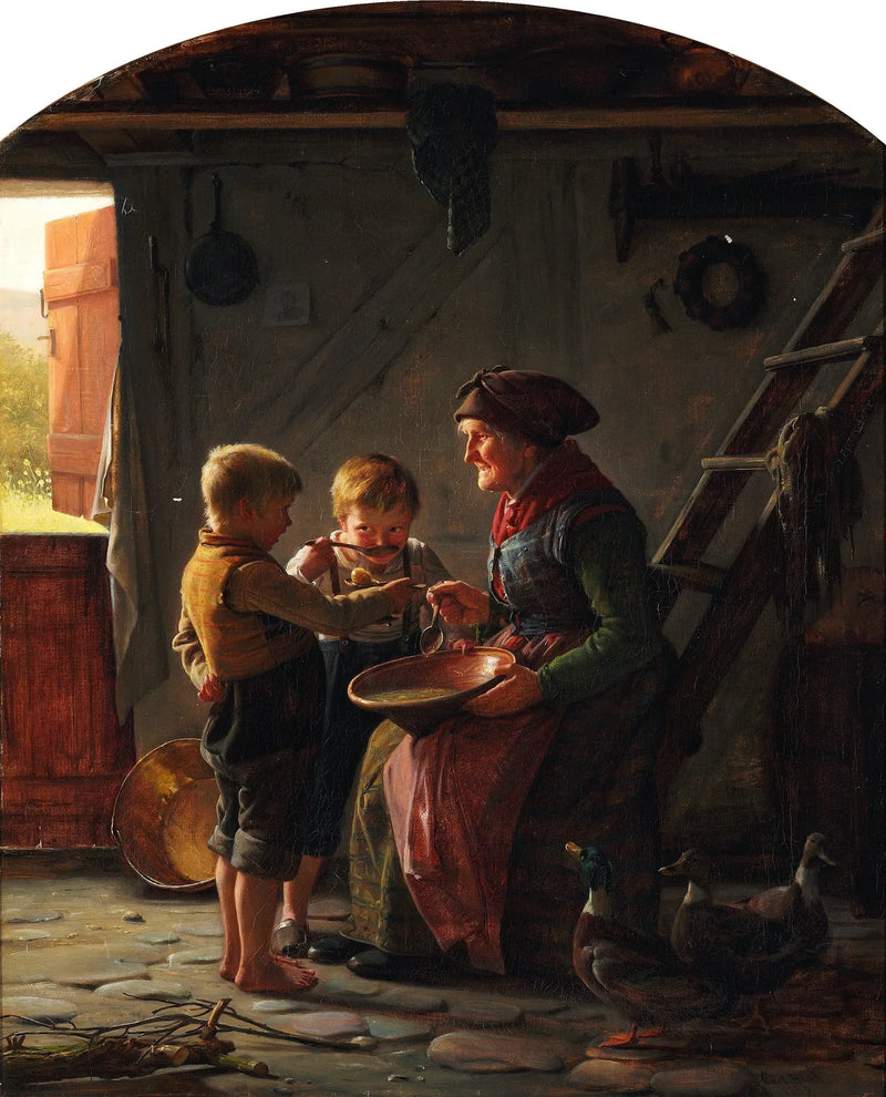 Eine Mahlzeit. Zwei Jungen und eine Großmutter kosten die Kartoffelsuppe. - Carl Heinrich Bloch