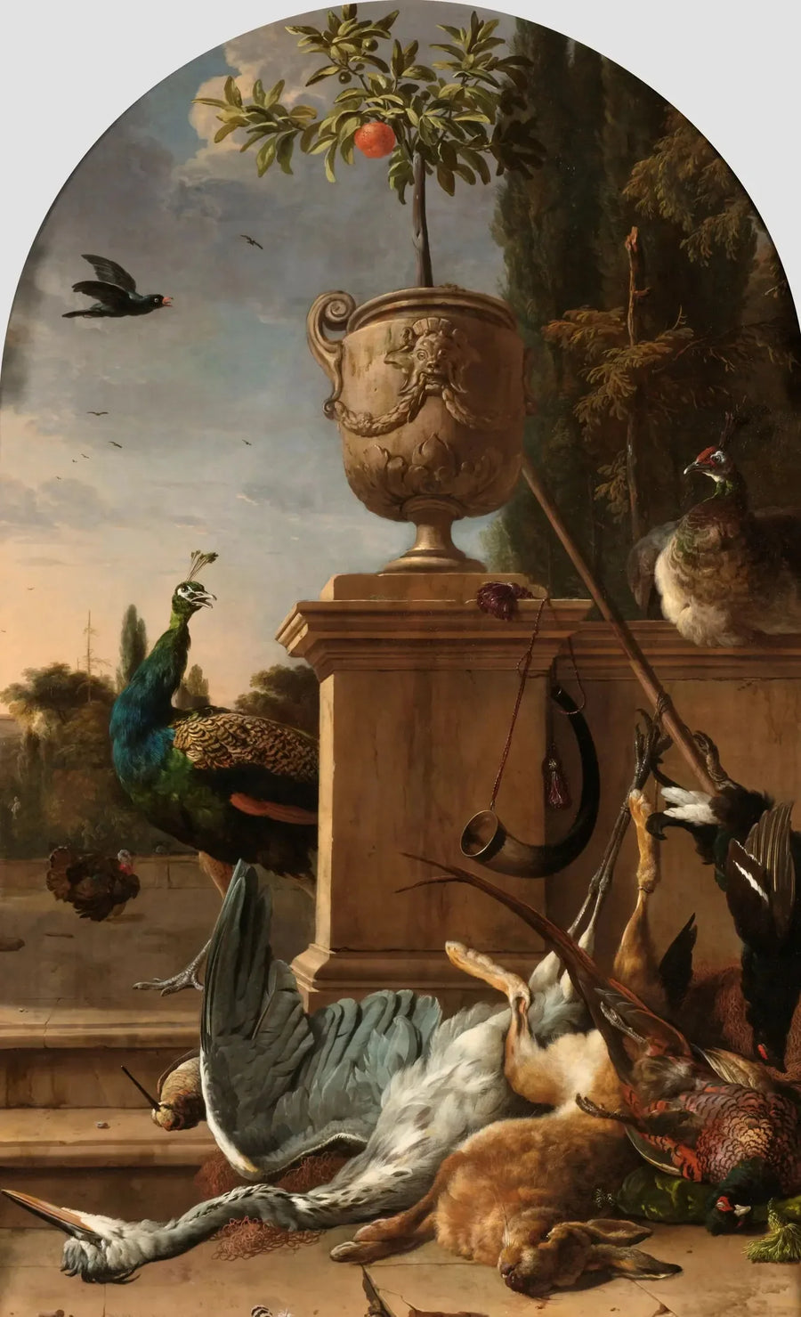 Eine Jägertasche auf einer Terrasse - Melchior de Hondecoeter