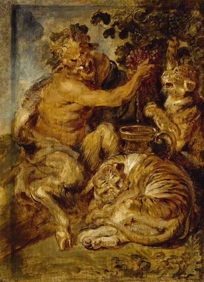Ein Satyr, der Trauben mit einem Tiger und einem Leoparden presst - Peter Paul Rubens