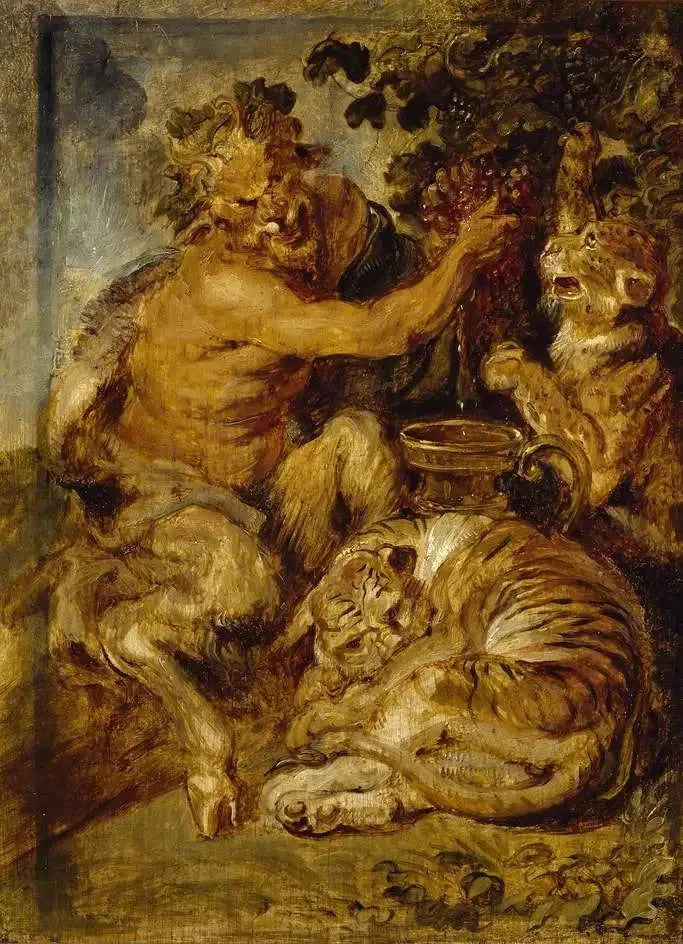 Ein Satyr, der Trauben mit einem Tiger und einem Leoparden presst - Peter Paul Rubens