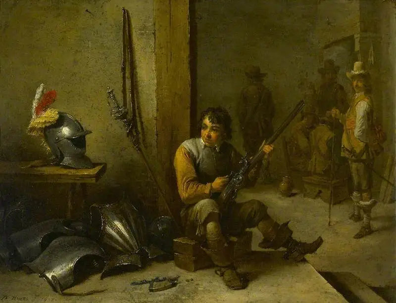 Ein Soldat, der ein Feuersteingewehr in einem Wachsaal reinigt, eine Rüstung neben ihm und Soldaten im Hintergrund - David Teniers der Jüngere