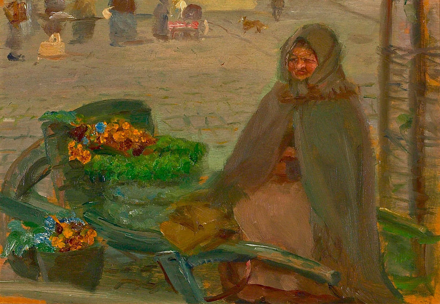 Eine Blumenverkäuferin mit einer Schubkarre. – Anna Ancher