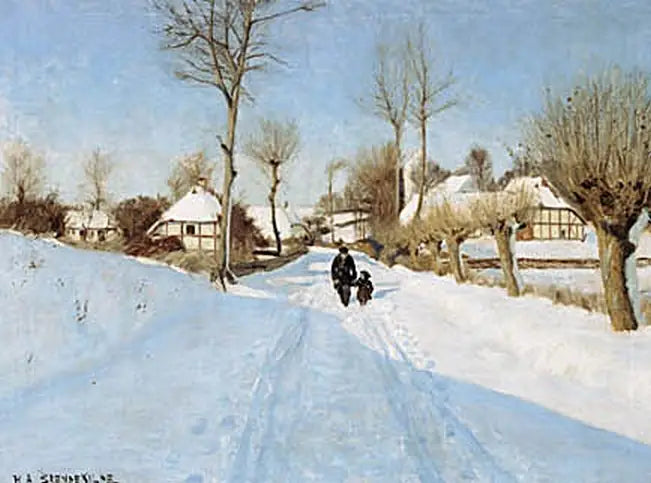 Ein alter Mann und ein kleines Mädchen zwischen Häusern mit Strohdächern. - H. A. Brendekilde