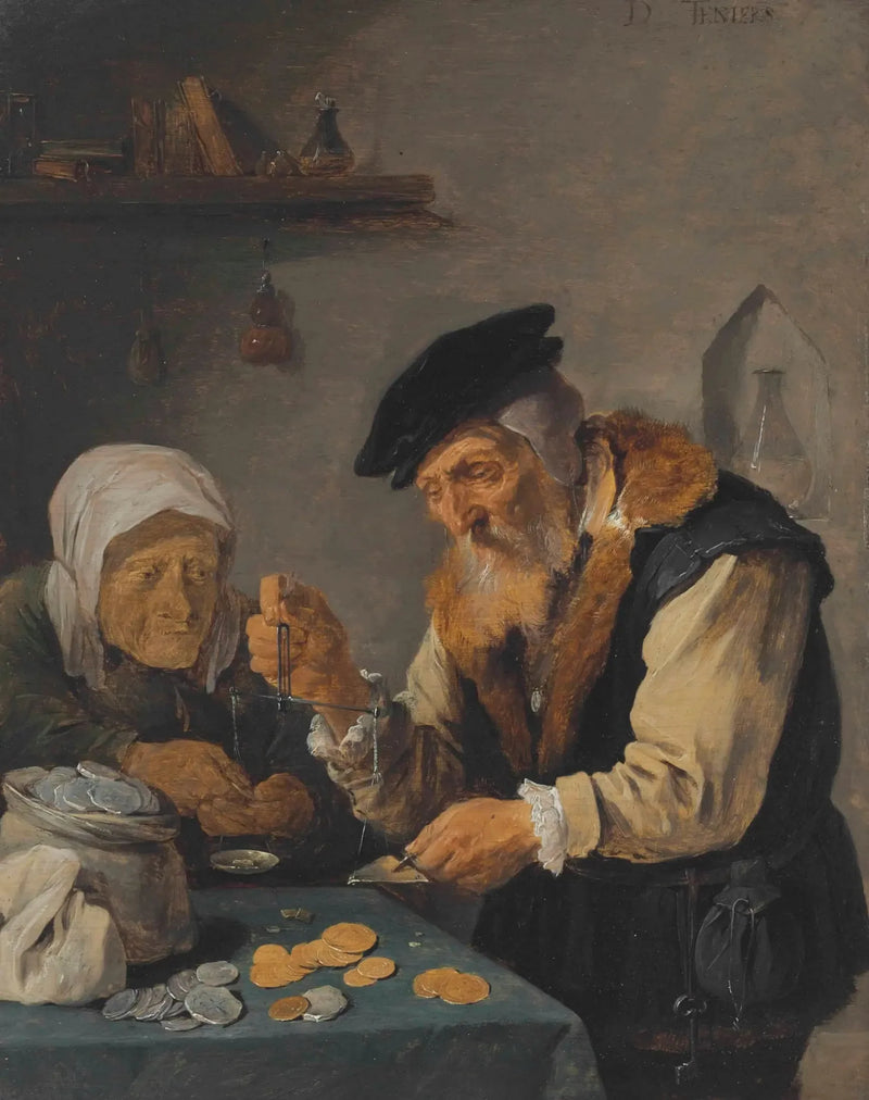 Ein alter Mann und eine alte Frau wiegen Münzen - David Teniers der Jüngere