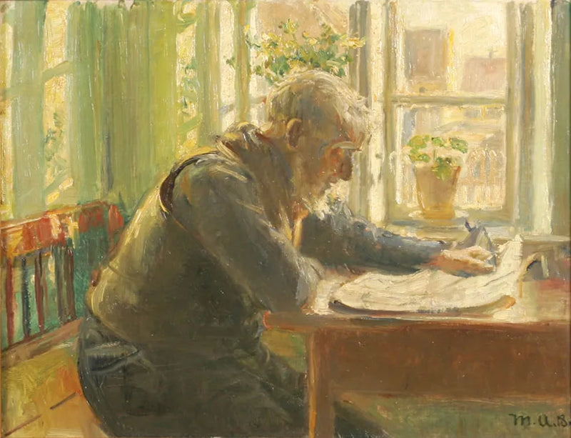Ein alter Mann liest am Fenster seine Zeitung. – Michael Peter Ancher