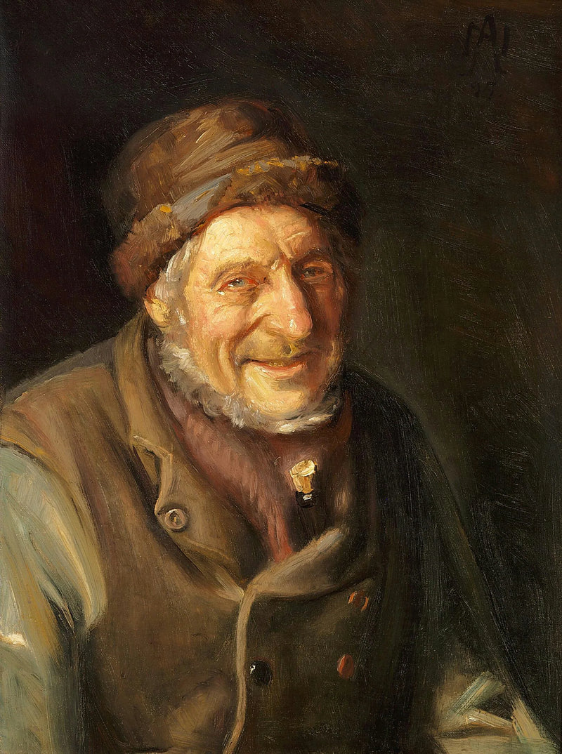 Ein lächelnder alter Mann aus Skagen, eine Flasche unter der Weste versteckt. – Michael Peter Ancher