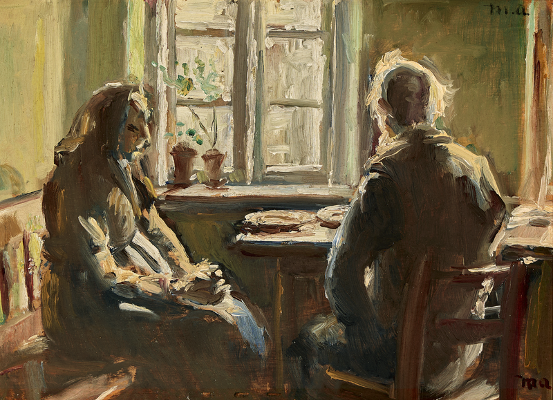 Ein älteres Ehepaar aus Skagen sitzt am Tisch am Fenster. – Michael Peter Ancher