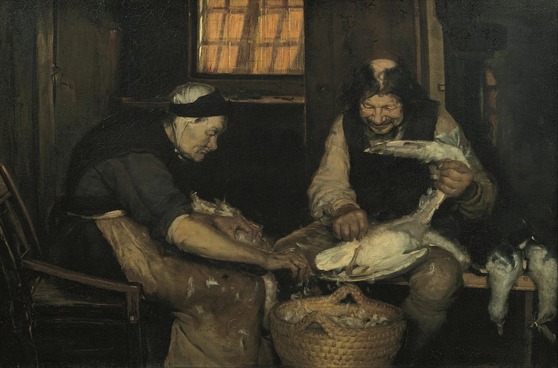 Un vieux couple plumant des goélands. Lars Gaihede et la vieille Lene - Anna Ancher image 1 reproduction artisanale de tableau