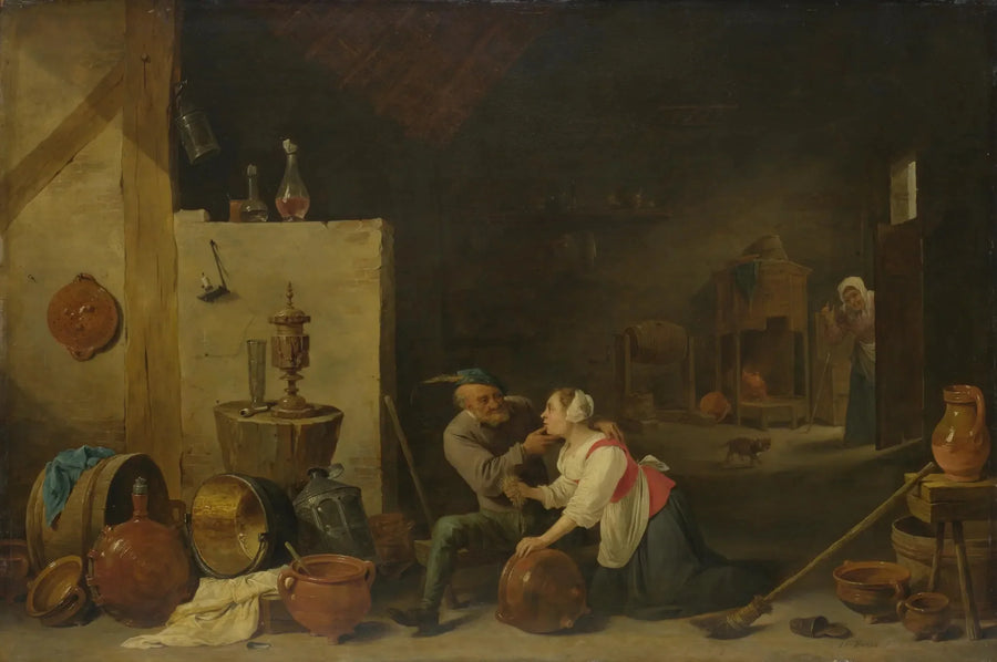 Ein alter Bauer streichelt eine Küchenmagd in einem Stall - David Teniers der Jüngere